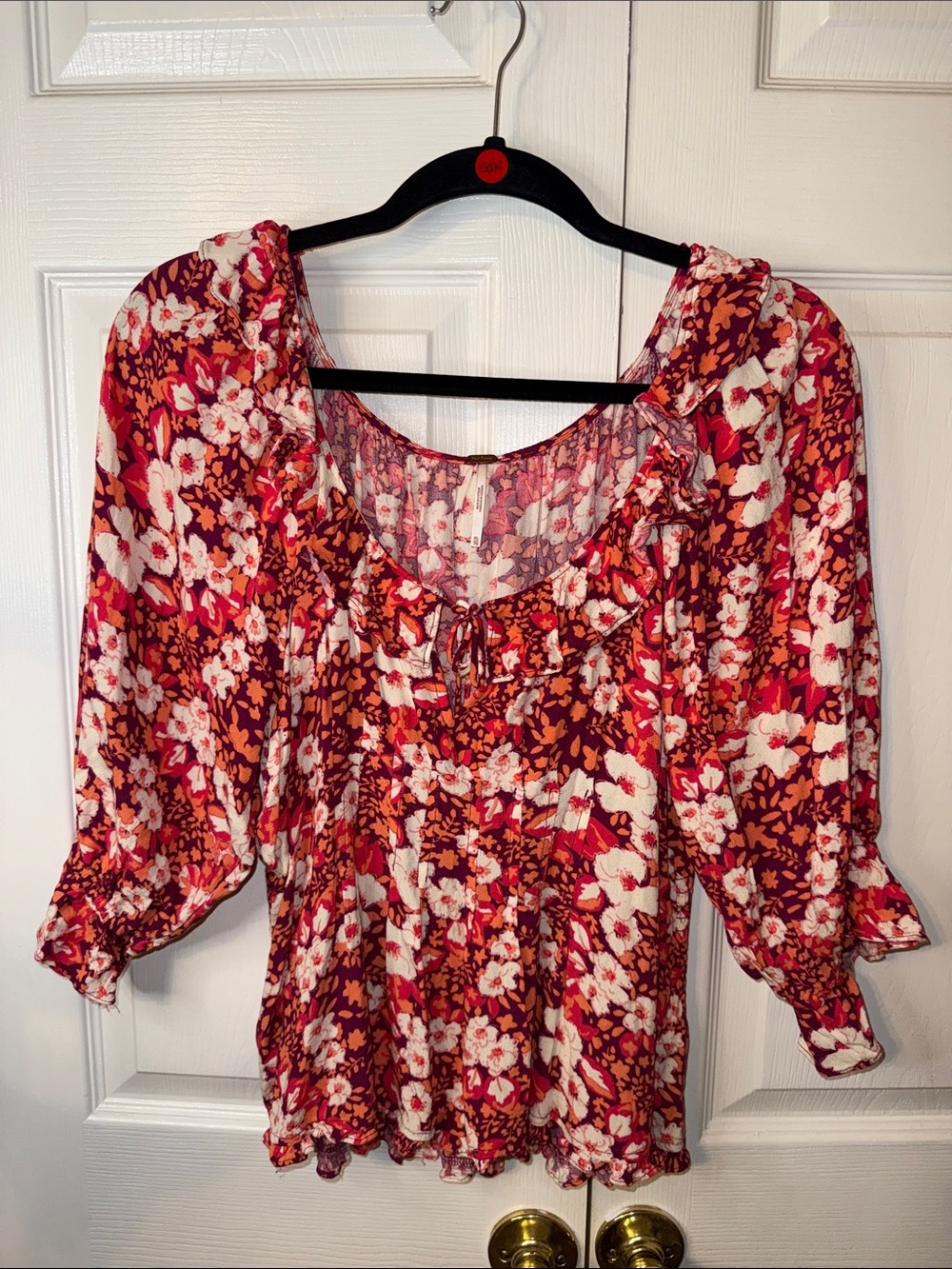 Free People Floral Ruffle Peasant Top - Red Pink White